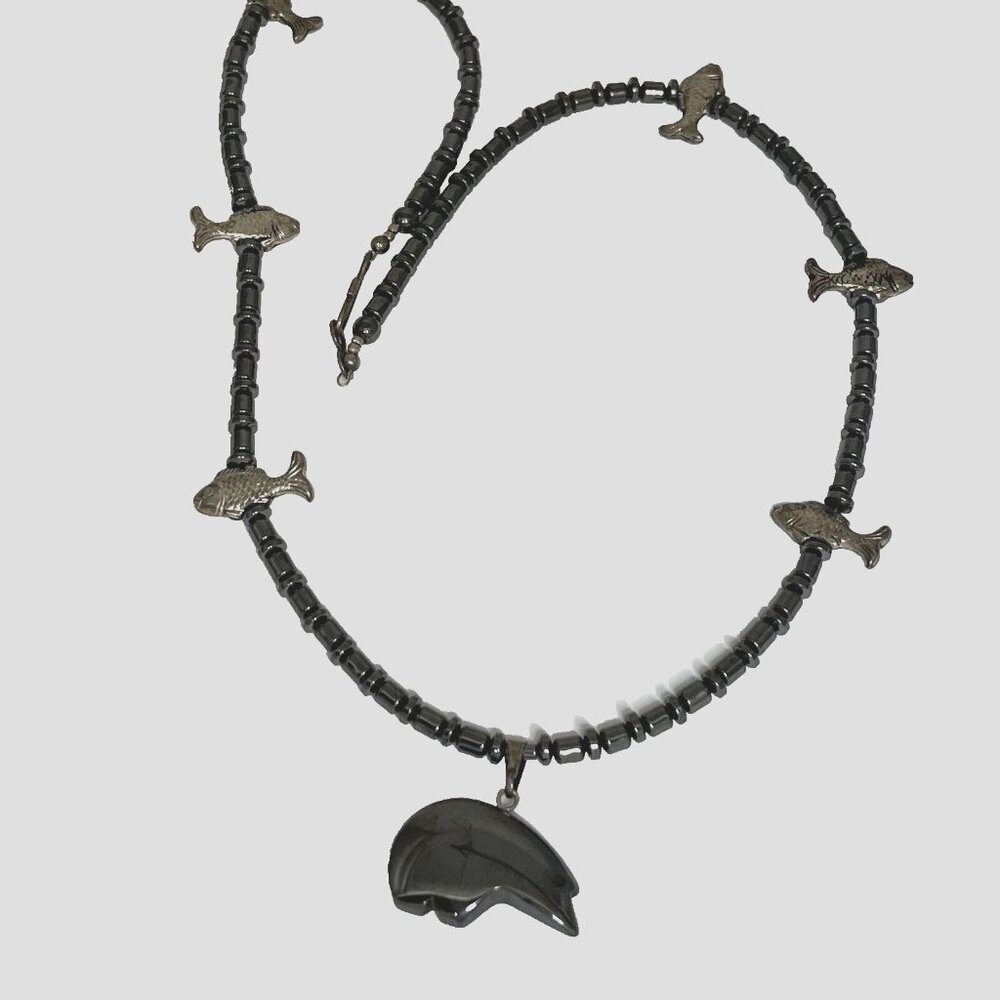 Southwest Hematite Native Fetish Bear w Fishes Set Necklace, Drop Earrings 21" L - Picture 4 of 7